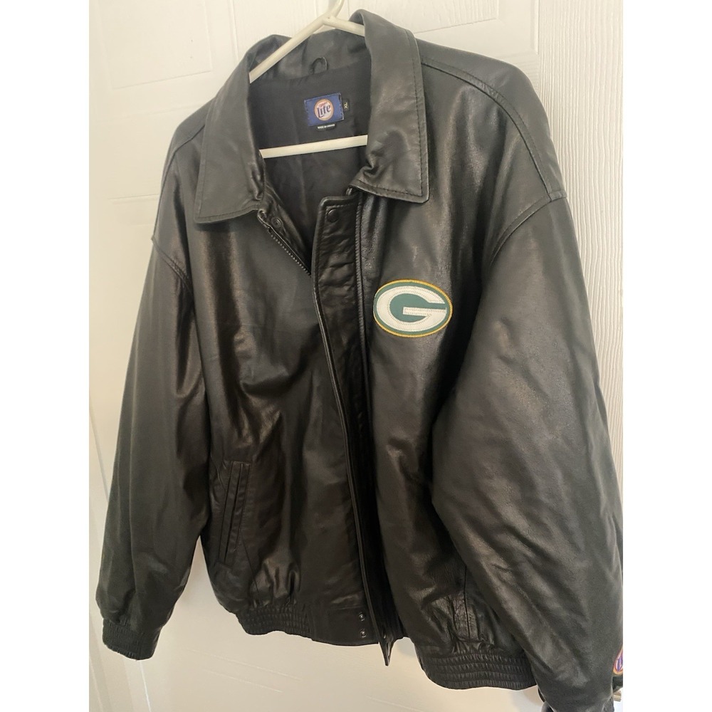 Green Bay Packers XL Miller Lite Leather Jacket Men's Large Vintage - Picture 7 of 14